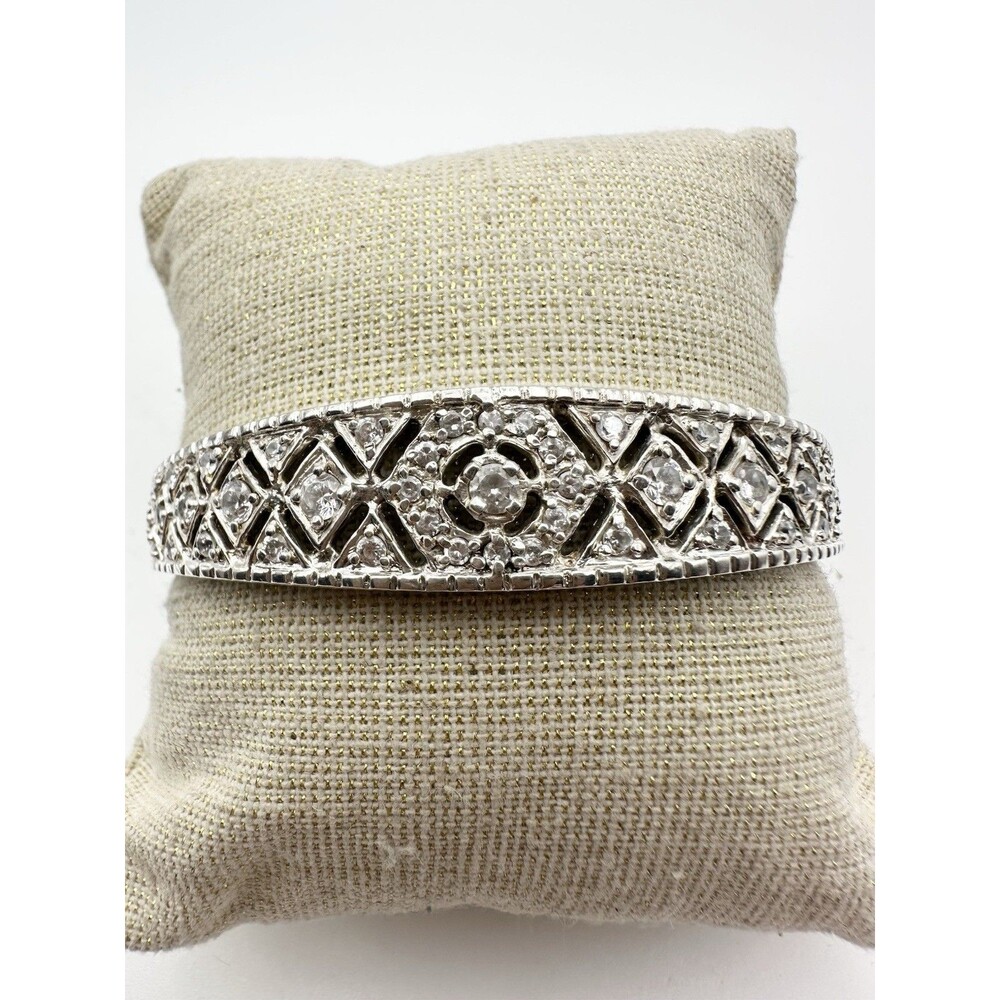 Ross Simons Sterling Silver Pave Bangle Bracelet Art Deco Style 7.5”